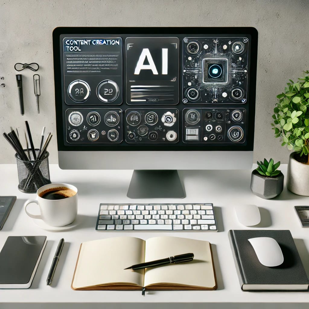 Workspace with AI content creation tool interface on a computer screen