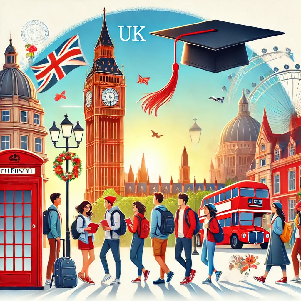 Diverse group of students standing in front of iconic UK landmarks like Big Ben and a university building, representing studying abroad in the UK for Indian students.